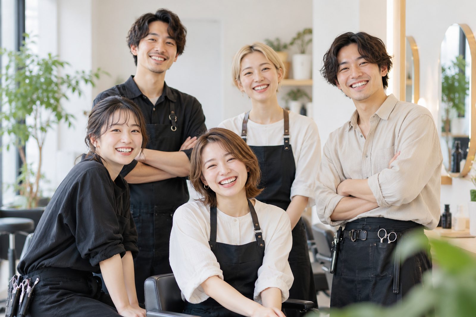 Five salon staff standing together in a bright studio